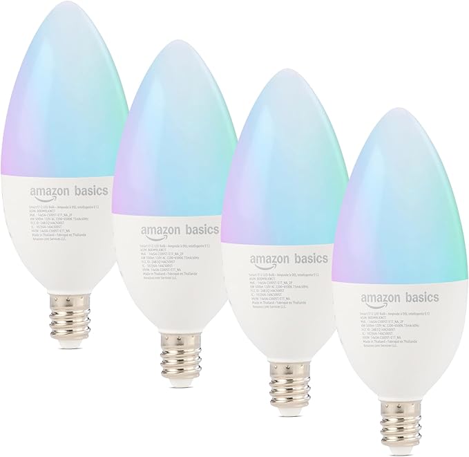 Amazon Basics Smart E12 LED Bulb, 6.0 Watts, 2.4 GHz Wi-Fi only, Works with Alexa Only, 4 Pack, Multicolor