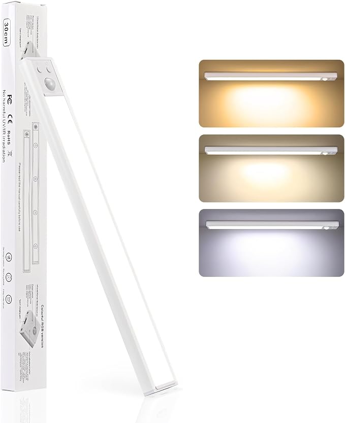 12 Inch Under Cabinet Light, USB Rechargeable Dimmable Motion Sensor LED | Clip-On Adhesive Wireless Mount, Tool-Free Install for Kitchen, Pantry, Wardrobe, Counter, Hallway, Stairs