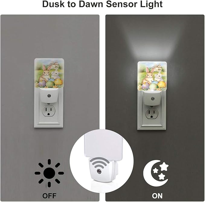 Vintage Easter Bunnies Eggs Soft Night Light Set of 2, Rabbits Auto Sensor LED Dusk-to-Dawn Nightlights, Plug-in Sensor Lamp for Bedroom Bathroom Kitchen Hallway Stairs Decorative