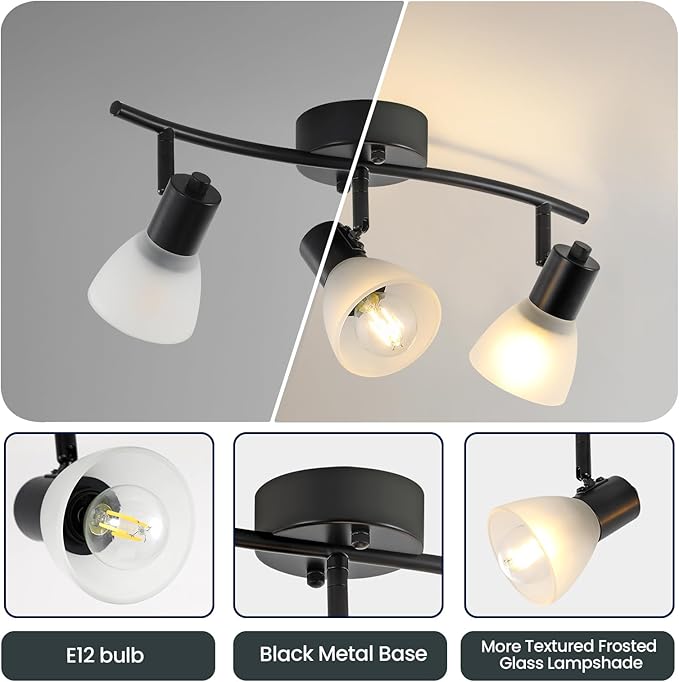KEESFU 3 Light Track Lighting Fixtures Ceiling,Adjustable Directional Ceiling Lights with Glass Shade,Industrial Ceiling Spotlight for Kitchen Over Sink Bedroom Hallway Living Room,E12base.