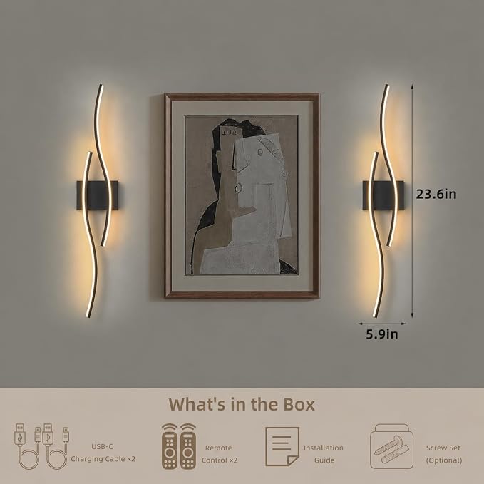 Battery Operated Wall Sconces Set of 2, Dimmable Modern LED Rechargeable Wall Light with Remote Control, Wall Decor for Living Room, Hallway, Quick Install, No Electrician Required 23.6 Inch