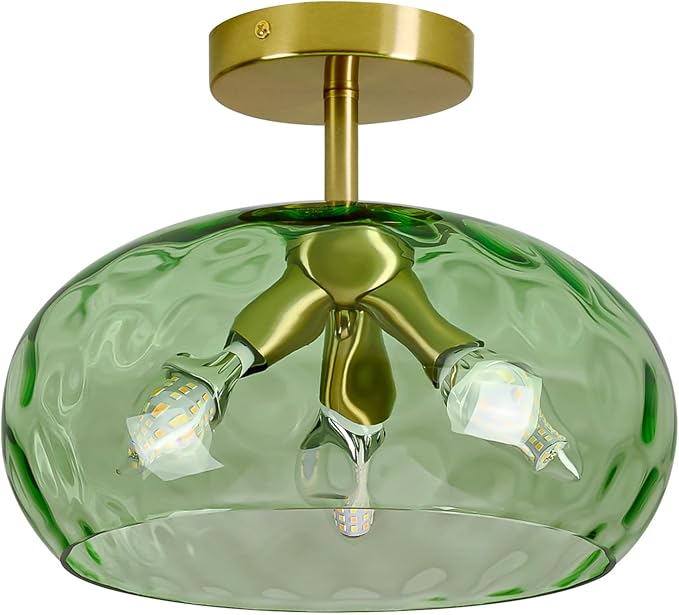 Vintage Semi Flush Mount Ceiling Light ,12″ Art Deco Green Hammered Glass | Gold,Mid Century,Whimsical,MCM,Unique Cute Retro Light Fixtures for Girls Bedroom,Entryway Laundry Room Kitchen Closet Foyer