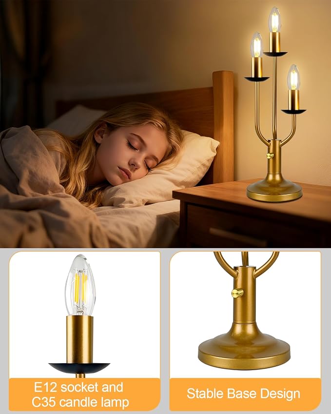 Vintage Candelabra Table Lamp Dimmable Gold Lamp E12 Bulbs Included | Accent Lamp Nightstand Desk Lamp Warmwhite Ambient Bedside Lamps for Living Room Bedroom Dining Party Home Office Decor Gift