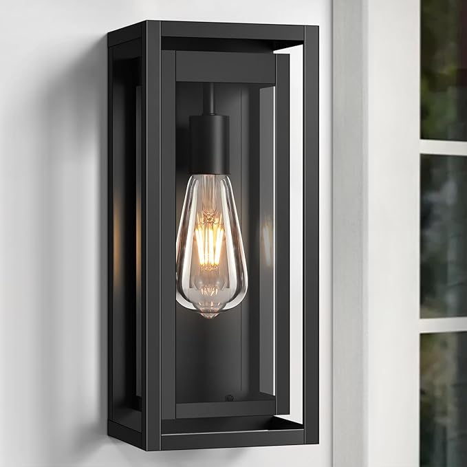 15" Outdoor Wall Lights, Black Exterior Lighting Fixtures, 2 Pack | Large Size, Anti-Rust, Waterproof, Tempered Glass, Easy Installation, Modern & Classic Outdoor Sconces for House Porch Garage
