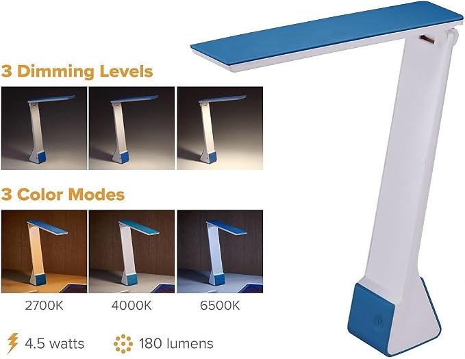 Bostitch Office Rechargable Battery Led Desk Lamp, 3 Color Temperatures, Flip Open, Blue (KT-VLED1810-BLUE)