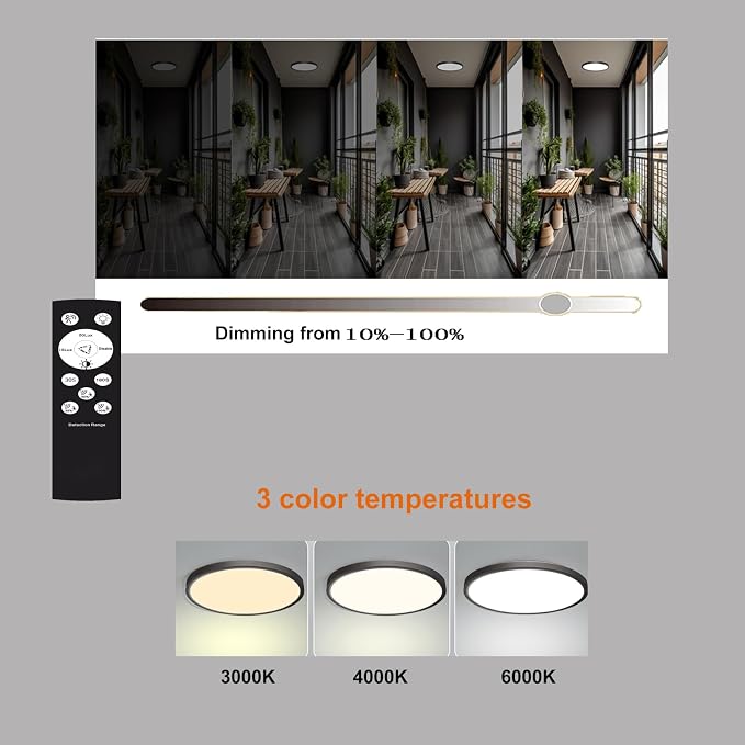 7in Motion Sensor Ceiling Light Indoor, 15W 1500LM, Black | Hardwired Flush Mount, Remote Dimmable, 3000K/4000K/6000K, Closet Hallway Porch Laundry Stairway Basement