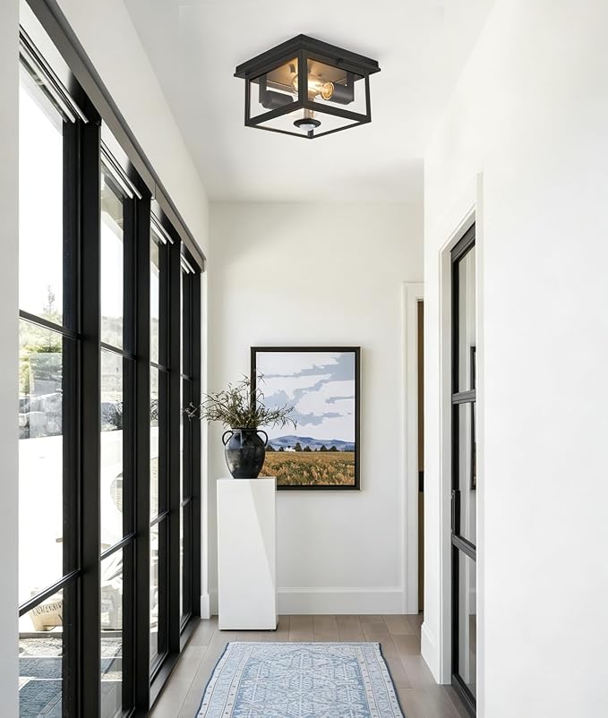 Motion Sensor Outdoor Ceiling Light with Remote, 8.5 Inch Matte Black Flush Mount Porch Light Fixture with United Glass Cover, 5 Modes Outside Flush Mount Light for Porch, Garage, Patio, Entryway