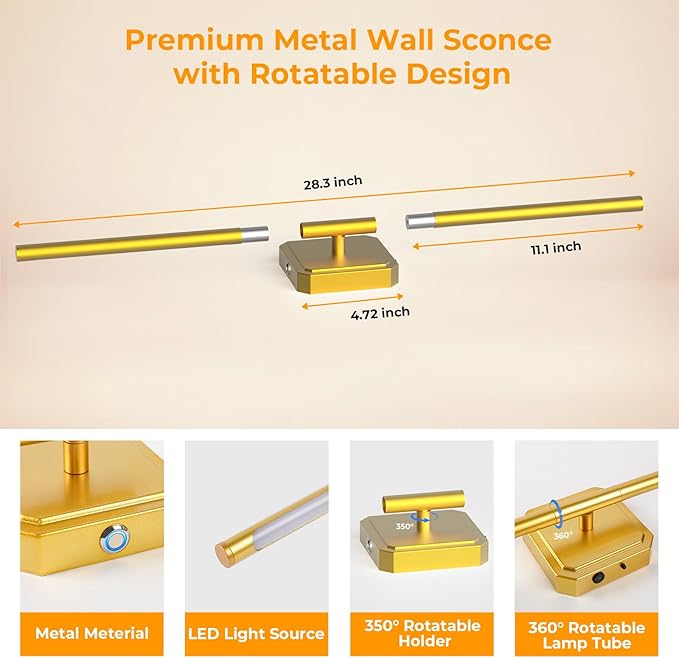 1 Pack Battery Operated Wall Sconce Detachable 360°Rotate, Wireless Wall Lamp 3000-6500K Dimmable, 10000mAh Rechargeable Wall Light for Bedroom, Living Room，28.3" Gold