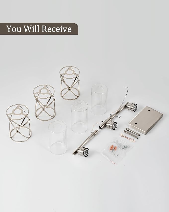 3-Light Brushed Nickel Bathroom Light Fixtures, 21 Inch Modern Bathroom Vanity Lighting Fixtures Over Mirror with Clear Glass and Metal Cage Wall Sconce Lights for Bath, E26, CH9176BN-3W