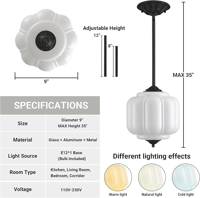 LOUSACE 10 Inch Vintage Milk White Glass Ceiling Light Fixture, Semi Flush Mount Pendant Lights with Black Aluminium Base for Kitchen Hallway Bedroom Dining Room - E12 Bulb Included