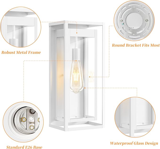 19" Large Outdoor Wall Light Fixtures, White Porch Light, 2 Pack | Large Size, Anti-Rust, Waterproof, Tempered Glass, Easy Installation, Modern Exterior Sconces for House Entryway Garage