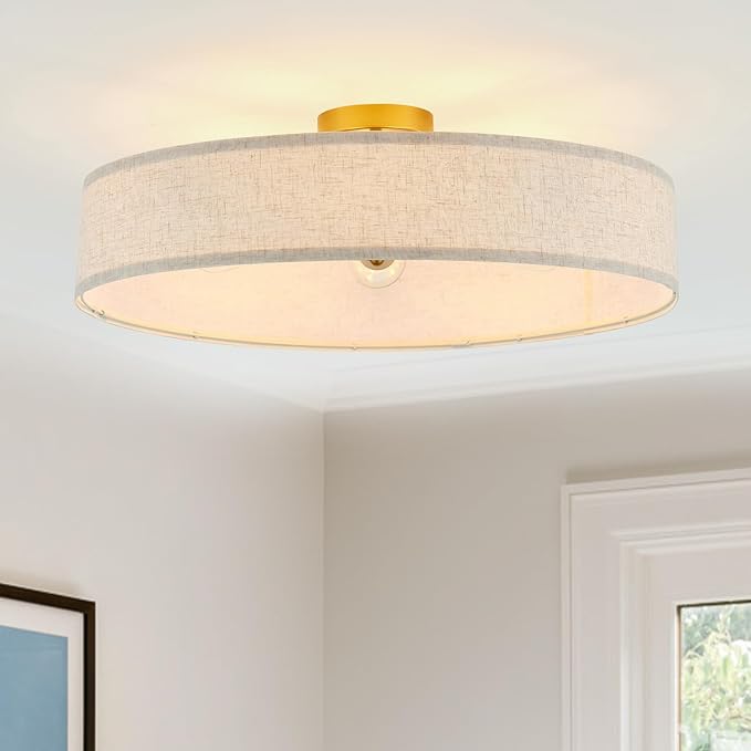 VILUXY Gold Semi-Flush Mount Ceiling Light Fixture 24" Large Modern Ceiling Light with Linen Fabric Drum Shade 5-Light Round Ceiling Lamp for Bedroom Dining Room Entryway