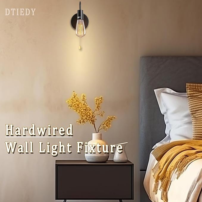 Pull Chain Wall Light Fixture 1-Light Wall Sconce with On Off Switch Hardwired Black Wall Sconces Indoor Vintage Industrial E26 Wall Lighting for Bedroom Hallway Bathroom, Bulb not Included
