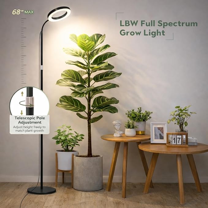 LBW Floor Grow Light with Stand for Large & Tall Indoor Plants, Full Spectrum Floor Plant Light, Auto On/Off Timer 6/8/12/16H, 5-Level Dimmable, Adjustable Height up to 68''