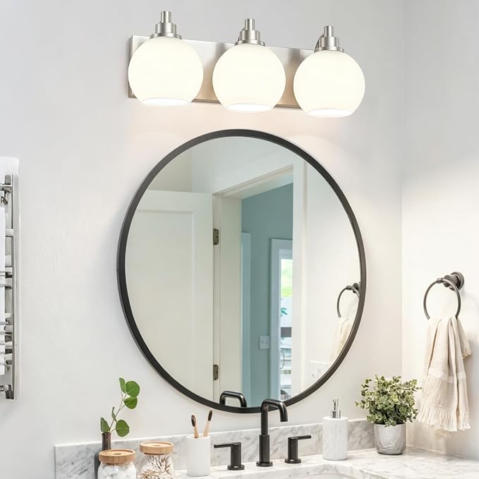 IZORRO Bathroom Light Fixtures, 3-Light Brushed Nickel Vanity Light, Modern Wall Sconces with Globe Milk White Glass Shade, Vanity Lighting Fixtures Over Mirror,E26 Bulb Socket