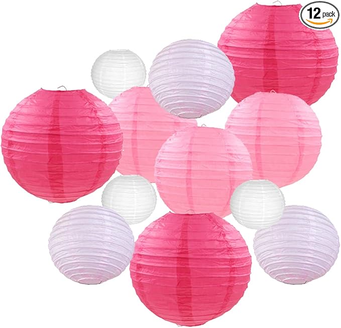 Pink Paper Lanterns 12 Pcs Assorted size of 6" 8" 10" 12" Chinese Round Paper Hanging Decorations Ball Lanterns Lamps for Home Decorations, Parties, and Weddings