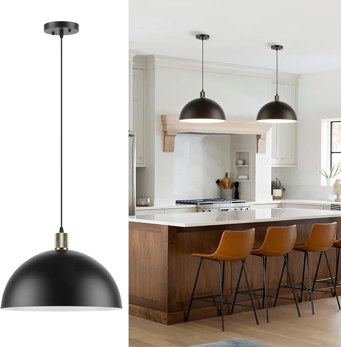 Black Pendant Light Fixtures, 15.7 Inch Large Dome Pendant Lighting Farmhouse Vintage Chandelier for Kitchen Island Dining Room