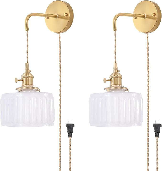 Shenmoyl Vintage Wall Sconce with White Striped Glass Shade Hanging Wall Sconce with 4.9FT Plug in Cord, Modern Wall Lamp Fixtures Decor for Bedside Bedroom Indoor Doorway, Set of 2