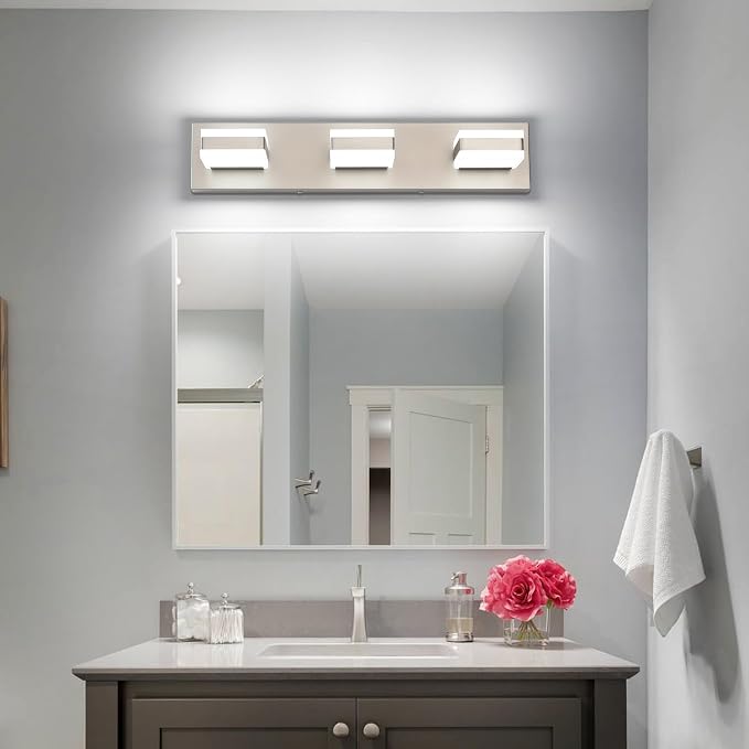 SOLFART Brushed Nickel Vanity Lights Over Mirror, 3 Light LED Bathroom Light Fixture, Vanity Light for Bathroom Modern LED Lights 6000K