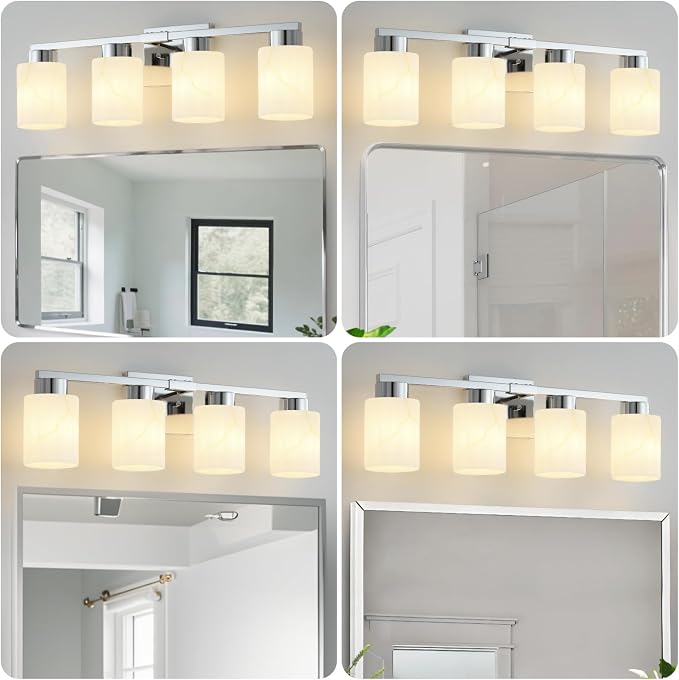 4-Light Bathroom Light Fixtures, Modern Vanity Lights, Chrome Metal Wall Lamp with White Marble Glass for Bathroom, Mirror, Living Room, Bedroom, Cabinet, Porch, Hallway, E26 Base