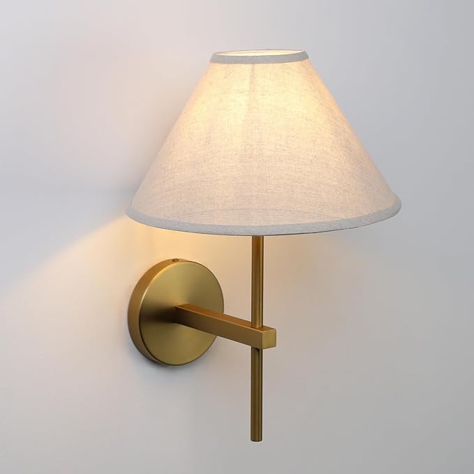 Pathson Hardwired Linen Wall Sconce Big Cone Fabric Lampshade, Vintage Wall Vanity Light Fixture Upwards Install, Indoor Bedside Lamp Victorian Decor for Living Room, Stairwell, Fireplace, Foyer