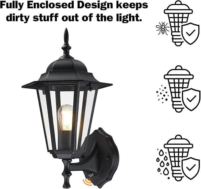 GRUENLICH Outdoor Wall Light Fixture, Rustproof Aluminum, Glass | Dusk to Dawn Exterior Porch Light Wall Sconce Lantern for House, Patio, Garage, Waterproof, E26 Socket 60W Max, Black, 2 Pack