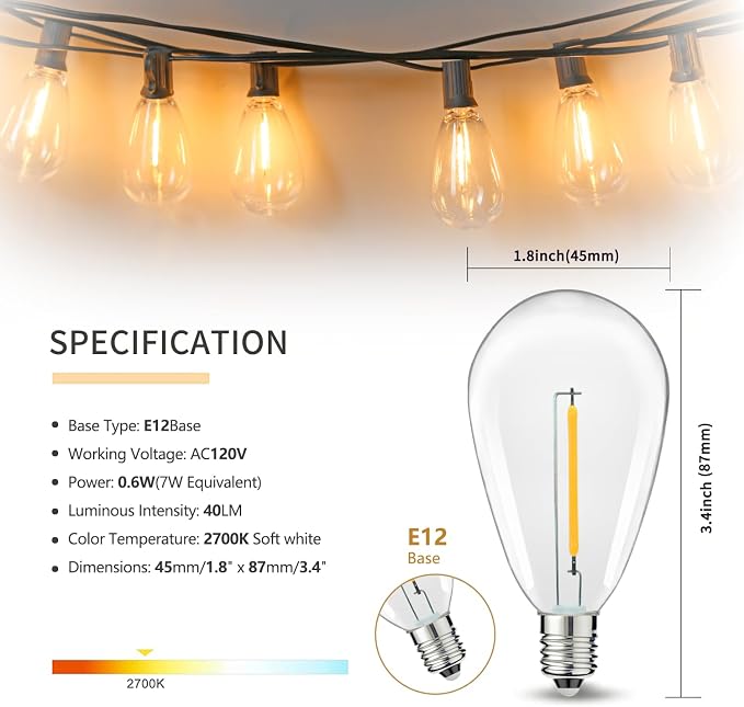 50FT S14 E12 Outdoor String Lights Waterproof Patio 24+1 (1 Spare) bulb