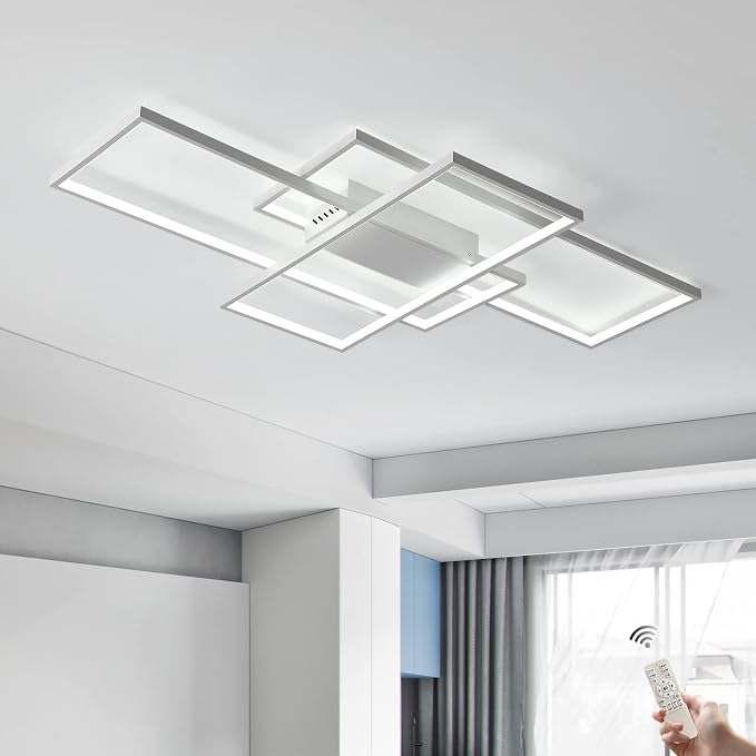 GEADI Modern 41.3in 3-Square LED Ceiling Light, 68W White Flush Mount | Dimmable Ceiling Lamp with Remote Control, 3000K-6000K, 5440 Lumens, Memory Function for Living Room, Bedroom and Dining Room