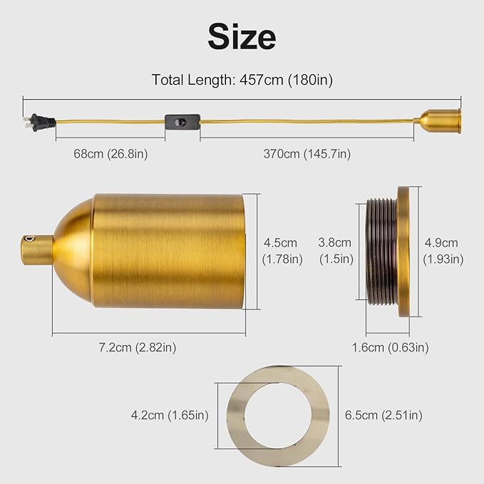 Hanging Lights with Plug in Pendant Light Cord kit Fixture Bulb Socket Golden Extension Lantern Fabric lamp Cord Switch Replacement Shade Industrial Porcelain Bulb Holder DIY Lighting 15ft 2 Set