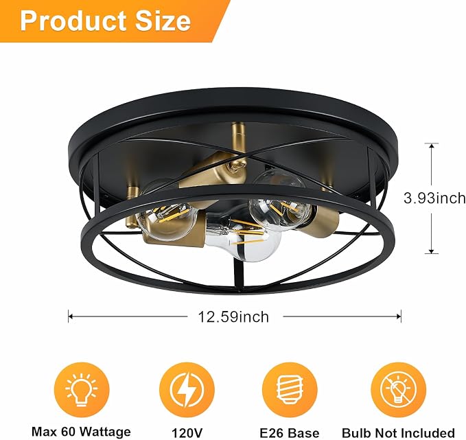 Farmhouse Light Fixtures, Black and Gold Round Metal Flush Mount Ceiling Light, 3-Light Cage Ceiling Lamp for Kitchen, Foyer, Bedroom, Hallway（Bulbs Not Included）