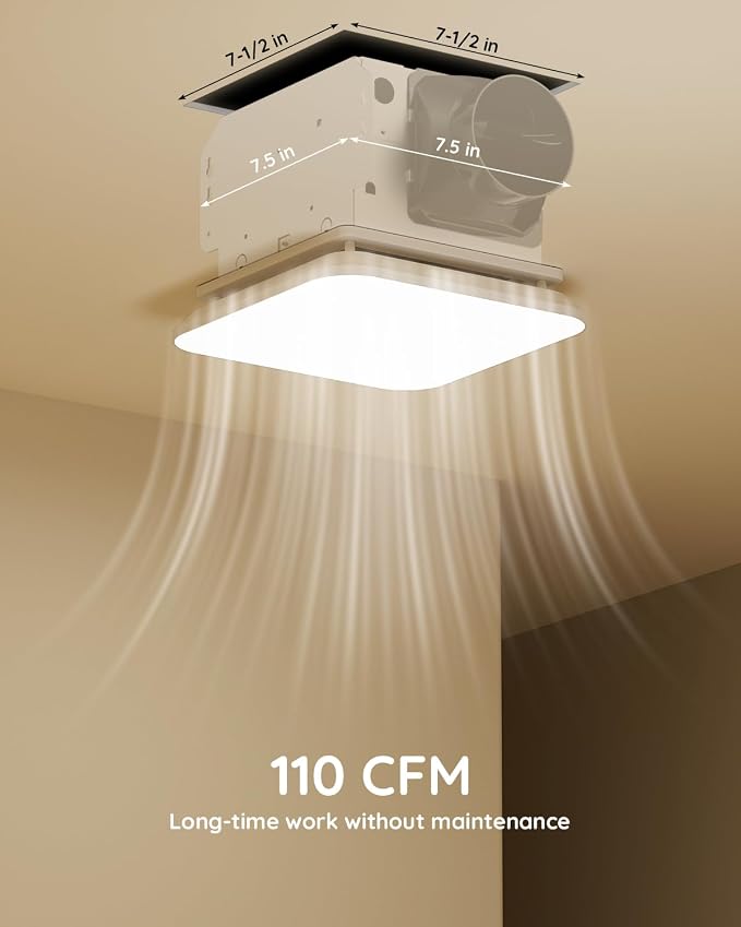 Fitop Bathroom Exhaust Fan with Light, 1.0 Sones 110 CFM 43W 1200LM | No attic installation required, ETL, Ceiling-Mounted Shower Ventilation Exhaust Fan with Light, Bathroom Vent with Light