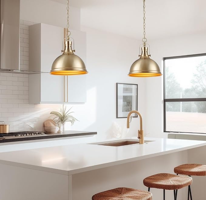 Kira Home Belle 14" Modern Industrial Pendant Light for Kitchen Island | Classic Dome Metal Shade, Retro Mid-century Profile Design, Premium Cool Brass Finish Ceiling Hanging Fixture