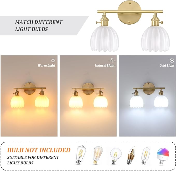 Bathroom Light Fixtures, 2-Light Brass Vanity wall Light Over Mirror with White Tulip Glass Shade for Bedroom Living Room (Bulb Not Included)