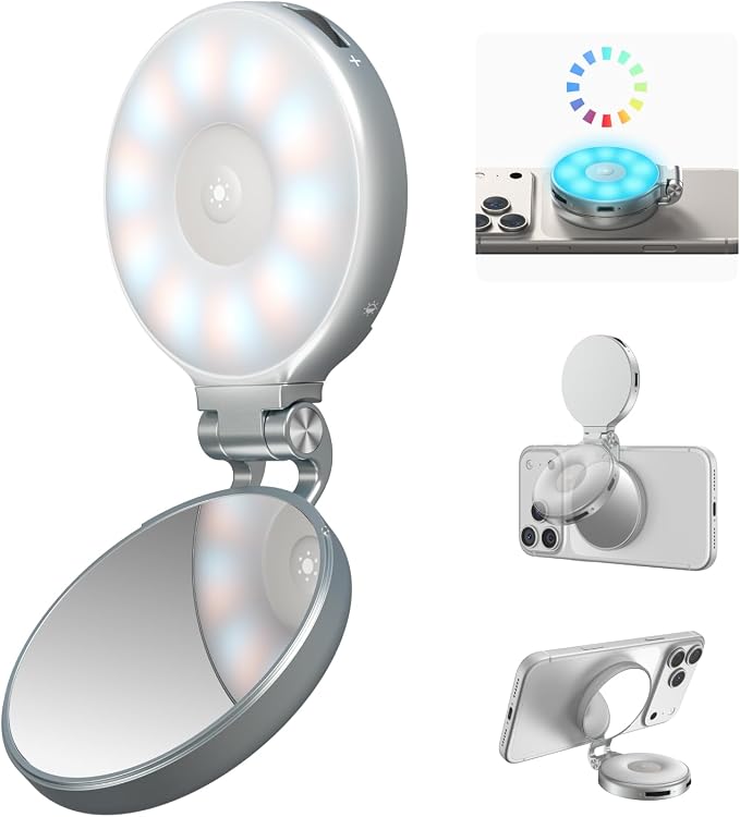 TELESIN 4-in-1 RGB Selfie Light with Mirror for Phone | 4 in 1 Magnetic RGB Light with Makeup Mirror and Phone Stand, Rechargeable Clip-On Light for TikTok, Vlog, Selfie, Makeup