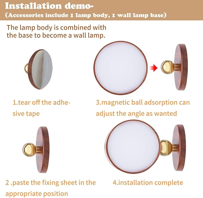LANDGOO Sapele Wood Wall Sconces Bedside Lamp 2 Pack - Rechargeable Magnetic 360° Dimmable Lights for Hallway & Walk-in Closet (Cordless No Wiring Needed)