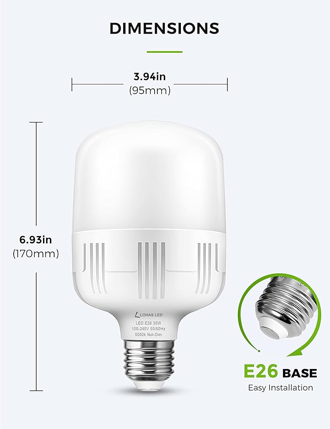 L LOHAS LED Super Bright Light Bulbs, High Lumen Garage E26 LED Bulb | 250-300W Equivalent 3400LM, 5000K Daylight, 30 Watt, w/E39 Adapter for Commercial Warehouse Workshop Factory Barn, 2 Pack