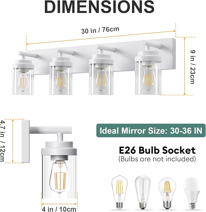 IZORRO Bathroom Vanity Light Fixture, 4-Light 30 Inch White Bathroom Light Fixtures Over Mirror, with Clear Glass Shade, Modern Farmhouse Vanity Lights, Rustic Restroom Lighting Fixtures