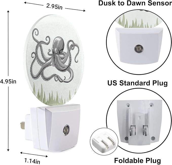 Octopus Night Light Ocean Sea Green Seaweed Octopus LED Dusk to Dawn Plug-in Nightlight Auto Sensor for Bedroom Bathroom Hallway Living Room Home Indoor