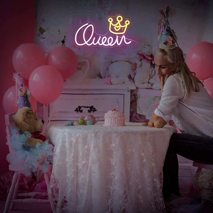 Queen Neon Sign Crown Neon Lights Dimmable USB Powered 16.5’’X9.3’’ Light Up Sign for Girls Room Birthday Party Bedroom Lady Gifts Wall Decor（Pink Yellow）
