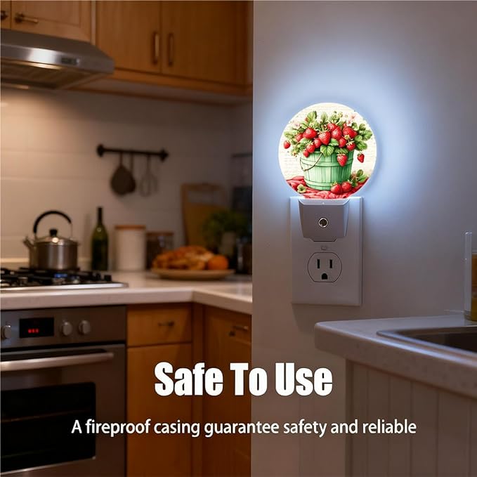 Plug-in Vintage Strawberry Still Life Night Light Basket of Fresh Strawberries Night Lights Plug into Wall with Auto on/Off Sensor, 0.5W LED Nightlight for Bedroom Bathroom