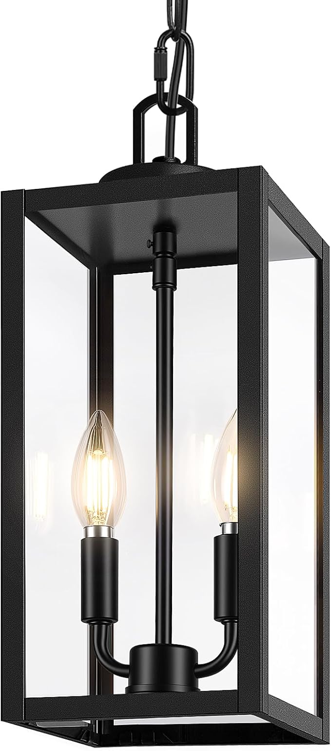 15” Large Outdoor Pendant Light, 2-Light Hanging Lantern, Black | Hanging Height Adjustable, Waterproof, Rust-Resistant, Durable Metal & Clear Glass, Dual E12 Sockets, Easy to Install