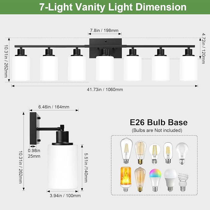 Indoi 7-Light Bathroom Light Fixtures, Matte Black Modern Vanity Lights with Milky White Shades, Bathroom Wall Lamp for Mirror Living Room Cabinet Bedroom Porch