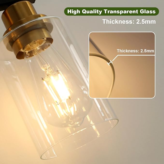Modern Bathroom Light Fixtures, 5 Light Vanity Lights Over Mirror, Black and Gold Wall Lamp with Clear Glass for Living Room Cabinet Bedroom Porch