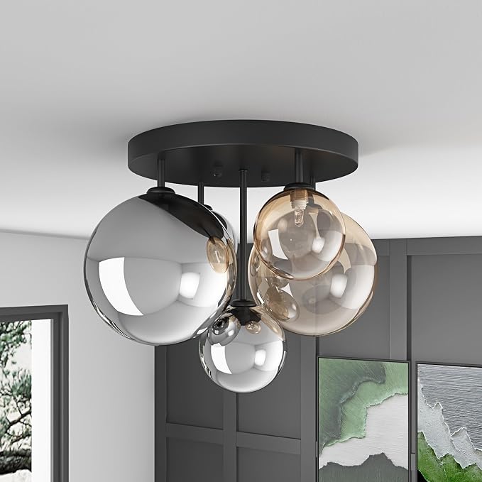 Aiwen 18" 5-Light Black Semi Flush Mount Ceiling Light, Mid-Century Modern | Flush Mount Chandelier with Globe Glass Shade, Farmhouse Ceiling Light Fixture, Cluster Chandelier for Bedroom, Dining Room