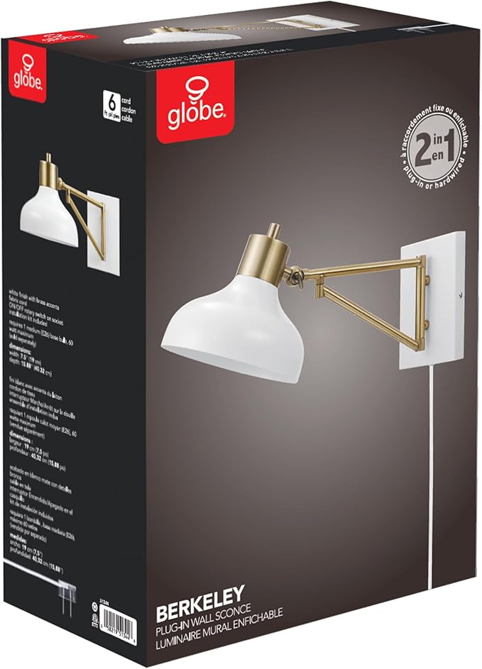 Globe Electric 51344 1-Light Plug-in or Hardwire Swing Arm Wall Sconce, White, Brass Accents, White-Cloth Cord, Mounted Bedside Lamp, Kitchen Sconces Wall-Lighting, Bulb Not Included