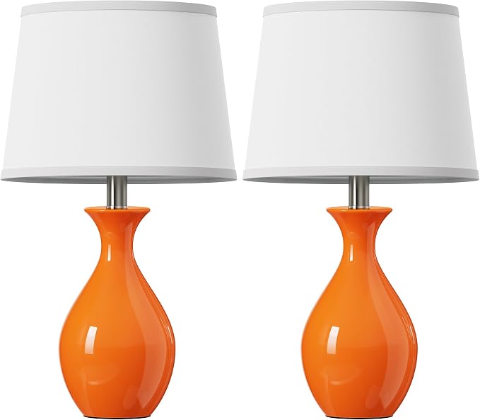 Table Lamp Set of 2, Modern Ceramic Bedside Lamps for Night Stands, Classic Small Lamp Nightstand Lamp for Bedroom Living Room Desk End Table Rocker Swtich Orange