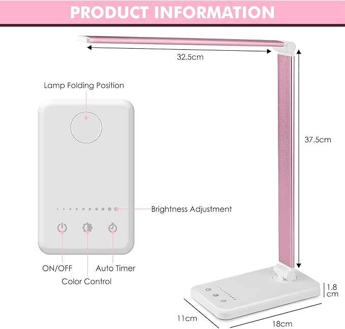 Desk Lamp, LED Desk Light with 10 Brightness Levels, 5 Color Temperatures, USB Power, Foldable Dimmable Table Lamp, Timer & Memory, Touch Control, Eye Caring Lamp for Reading Work Study Nail