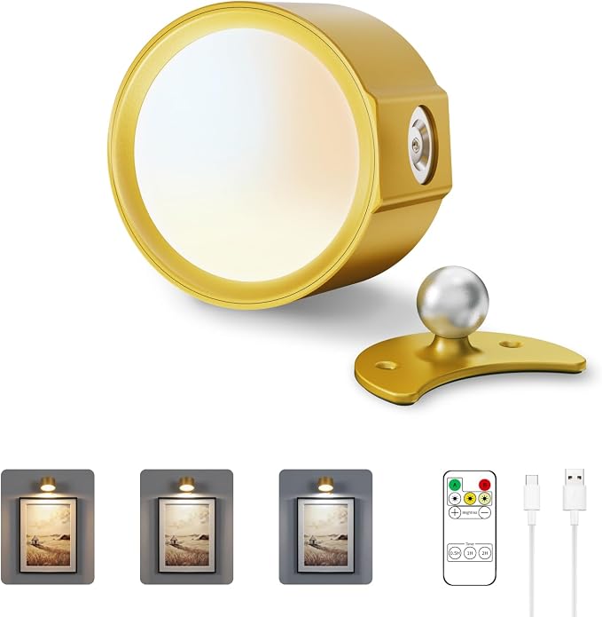 LANMEL LED Wall Mounted Lights,360° Rotating Rechargeable Wall Sconce Lamp | Gold,3CCT,Dimmable,with Remote & Touch Control,USB Wireless Wall Lamp, Suitable for Study,Bedroom,and Bedside Reading