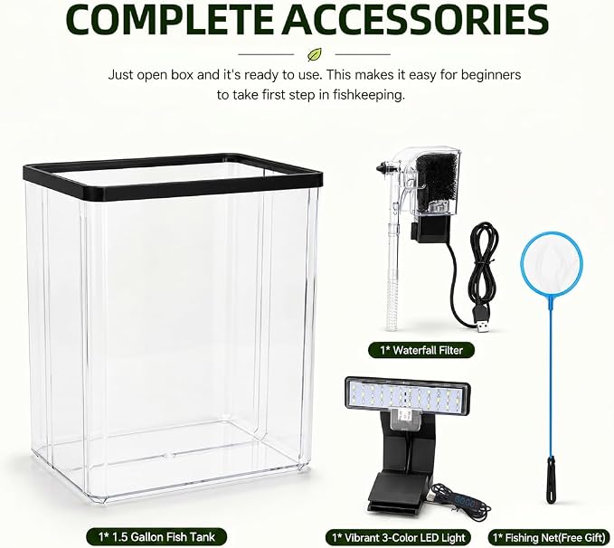 1.5 Gallon Aquarium Small Fish Tank Starter Kit with Filtration & LED Light & Fishing Net for Betta Shrimp Guppy Goldfish Aquatic Plants