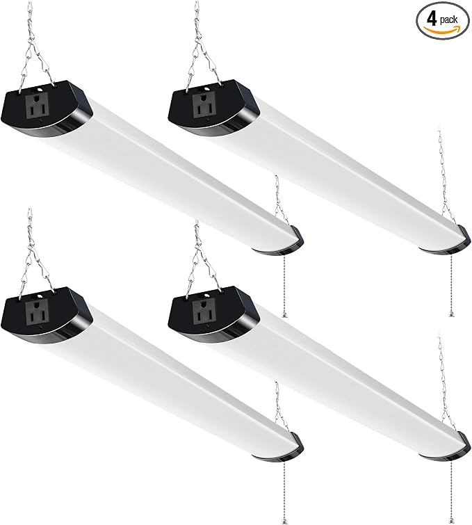 hykolity 4FT LED Shop Light Linkable,8000LM(300w Equivalent),5000K | 70W Utility Shop Lights for Garages, Workshops, Basements, Hanging or FlushMount, with Power Cord and Pull Chain, ETL, 4 Pack
